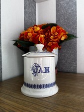 Ditto Vintage Ceramic JAM Jar Pot Blue White  Mid Century Made in England VGC