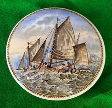 Rare Printed Prattware Anchovy paste Lid HAULING THE TRAWL  c1860's