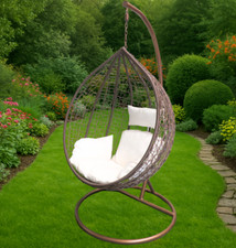 Rattan Hanging Egg Chair Brown With Bronze Frame and Cushions Garden/Patio