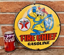 SUPERB GOOFY  TEXACO FIRE CHIEF GASOLINE LARGE ROUND DOMED ENAMEL SIGN - DISNEY