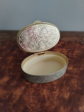 Vintage Pill Box Hinged Lid Enamel Roses Design Silver Plated Pot Jewellery Box