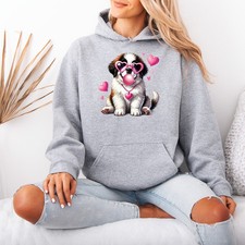 St Bernard Puppy Valentine Animals Womens Hoodie Heart Sunglasses Dog