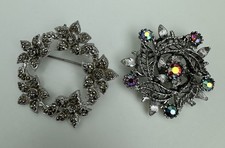 Two Vintage HOLLYWOOD Rhinestone Encrusted Pin Fastening Brooches 1950/60s