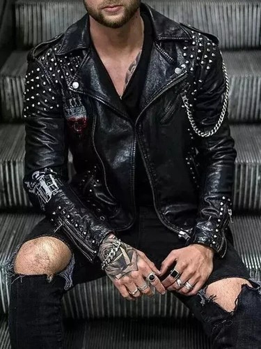 Men studded leather jacket - studded,