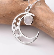 Moonstone Crescent Moon And Stars Pendant Sterling Silver 925 Charm