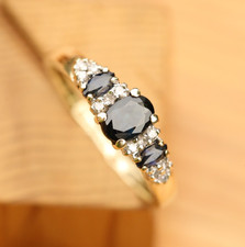 9ct Solid Yellow Gold Sapphire & Diamond Ring Size O1/2 Vintage cleaned polished