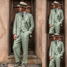 Green Linen 3Pcs Men Suits