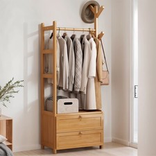 Bamboo Wooden Coat Hat Stand Clothes Shoe Rack Hanger Hooks Shelf Drawer Storage