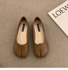 Women's Leather Bowtie Tabi Split Toe Mid Heel Fashion Ballet Court Shoes UK