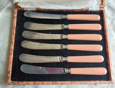 Vintage Bakelite EPNS Coral pink Butter Knife Set Of 6 In Original Box Knives