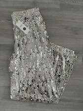 M&S WOMENS SILVER CHAMPAGNE SEQUIN HIGH WAISTED WIDE LEG TROUSERS Size 12 BNwt