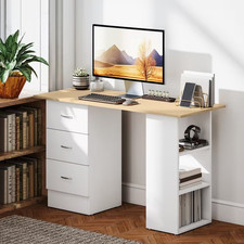 PC Desk 120CM Tidy Computer Workstation Drawers Shelves Home Office White Oak UK