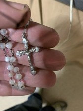 Antique Small Silver Pearl Mary and Jesus Centre Rosary