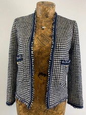 ZARA WOMAN BLAZER JACKET XS 6 WHITE NAVY Dogtooth Open Up Fringed Midi Formal