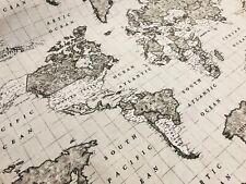GREY WORLD MAP Fabric Vintage Travel Atlas Curtain Cotton Material -140cm wide