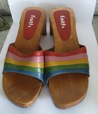 Y2k Faith Ladies Multi Coloured Leather Sandals/Mules Wooden Sole & Heel size 5 