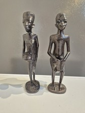 X2 Vintage Wooden Hand Carved African Tribal Figures 7 Inches High Male & Female