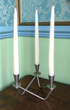 MIDCENTURY MINIMALIST 1960s TRIPLE STEEL CANDELABRA and 3 x 11" TAPERED CANDLES