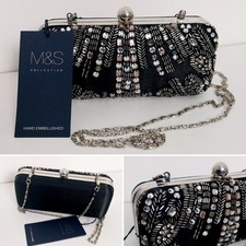 Marks & Spencer Black Silver Diamante Jewelled Beaded Clutch Evening Bag BNWT