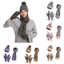 Womens Ladies Thick Knit Hat Scarf AND Touchscreen Gloves Set Knitted Winter~