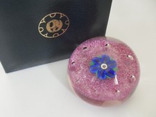 Boxed Paul Ysart(Harland Era) Blue Flower on Pink Ground Paperweight - Labelled