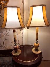 VINTAGE PAIR ONYX & ORMOLU COLUMN TABLE LAMPS with LAMPSHADES