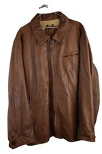 TIMBERLAND Brown Leather Bomber Jacket size 2XL Mens Slim Fit Full Zip Casual