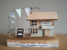 "Fish And Chip Shop" Wooden Coastal Scene Block Ornament Small 11cm X 14cm  NEW