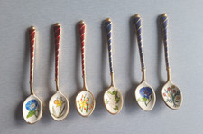 Enameled Tea Spoons: decorative, floral deign. Set of 6. Vintage, 1960s. Used.