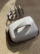 Vintage Poole Pottery Twintone Sepia & Mushroom Contour Cheese Dish & Toast Rack