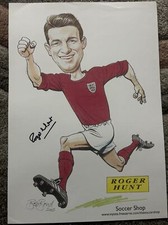 Signed 16x12 Cartoon Print Roger Hunt  England World Cup AFTAL Dealer COA