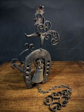 Antique Wrought Iron Pull Bell/ Doorbell, Horse Shoe and Rooster Design