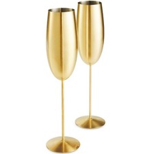 VonShef Set of 2 Brushed Gold Champagne Flutes/Glasses – Shatterproof Stainless 