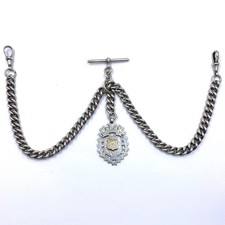 Heavy Antique Sterling Silver Double Albert T-Bar Pocket Watch Chain Or Necklace