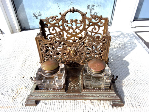 Antique brass double inkwell - antique,