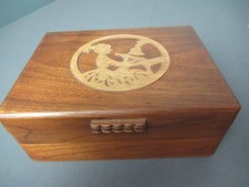 Cherry Wood Sewing Box w/ Attached Hinged Lid - Woman & Spinning Wheel - 241