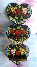 HEART Shaped 3 Tiered Wooden Wall Shelf Black Painted Folk Flowers 45x18cm VGC!