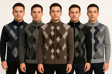 Men's Sweater Long Sleeve Diamond Pattern Full Zip Premium Jumper 921 M-2XL