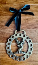 Vintage Brass Stag/Deer Head Christmas Tree Ornament on a Velvet Green Ribbon