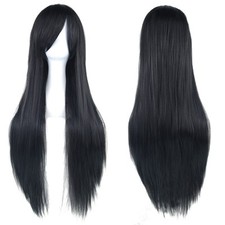 80cm Long Straight Sleek Full Hair Wigs with Side Bangs Cosplay Costume Women.