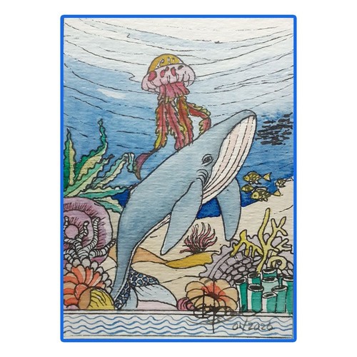 Original aceo underwater whale - original,