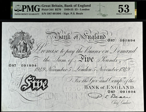 White five pound - £5, note