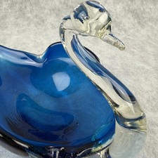 Art Glass Swan Trinket Dish, Cobalt Blue And Clear