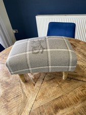 Deer Stags Head Grey Check Tartan Fabric Footstool With Wooden Legs - (VGC)