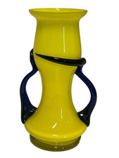 Czech Bohemian Yellow Glass Vase With Applied Blue Trim Height 17cm