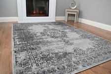 Grey Distressed Faded Rug Large Small Living Room Mat Soft Touch Pile Bedroom UK