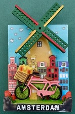 Souvenir Fridge Magnet Amsterdam Pink Bicycle & Windmill Holland The Netherlands