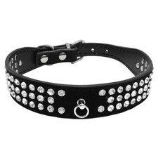 Dog Collar Suede Leather 3 Row Rhinestones Pet Crystals Diamante Bling Diamonds