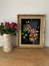 Vintage Framed Floral Oil Painting On Velvet Gold Gilt Framed Picture