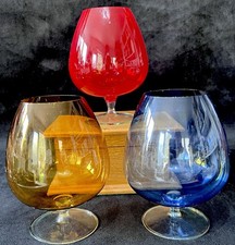 Vintage Coloured Fine Glass Retro Brandy Balloon Glasses - Set of 3 -